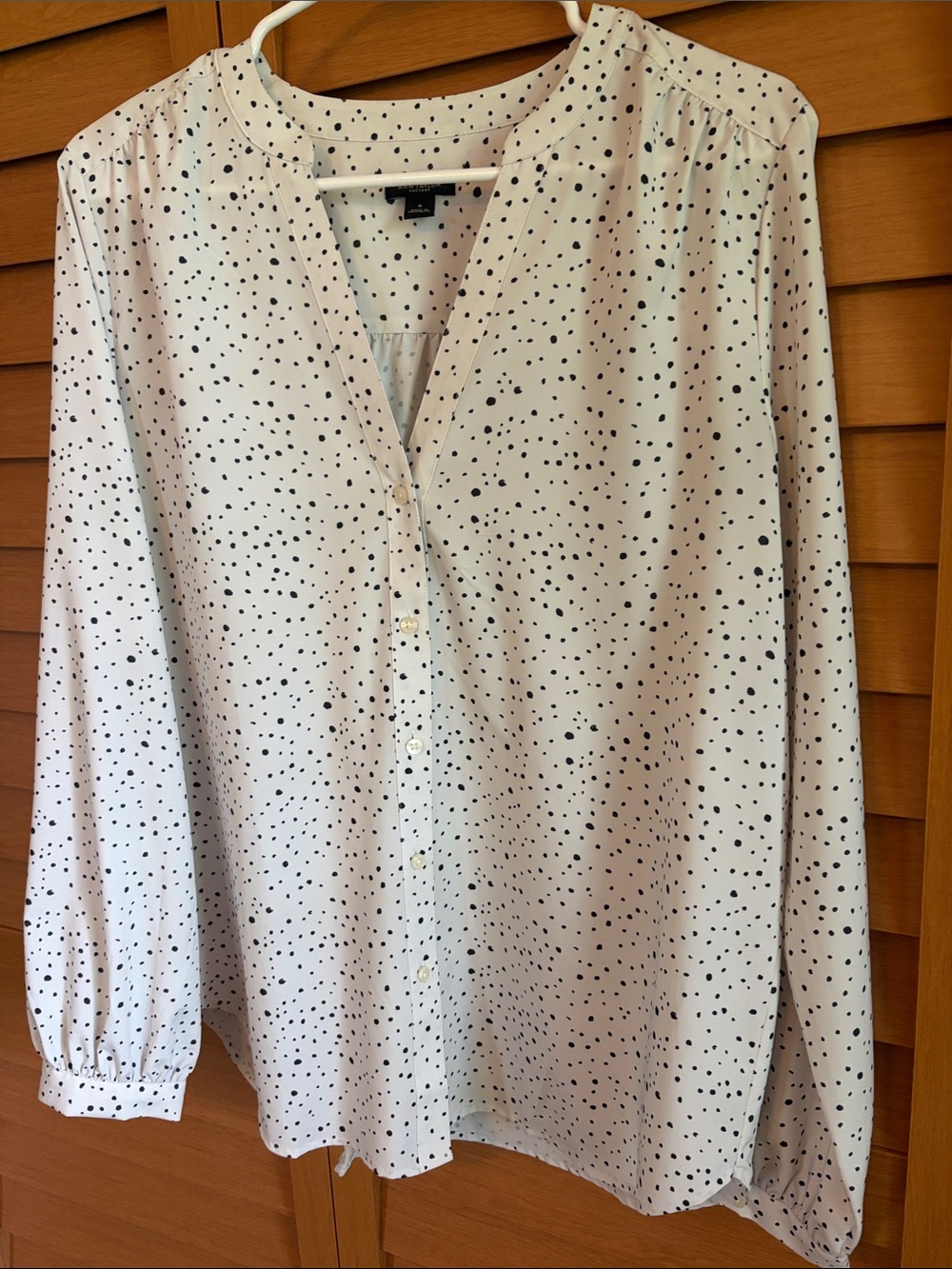 Ann Taylor White V-Neck Blouse with Black Spot Print